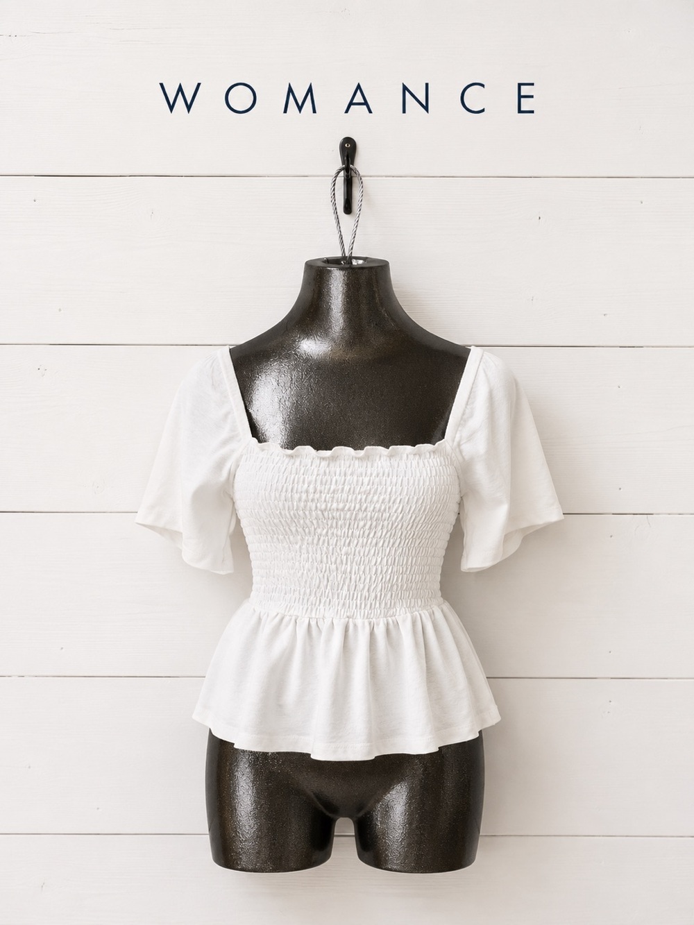 WOMANCE White Smocked Peplum Top Size M